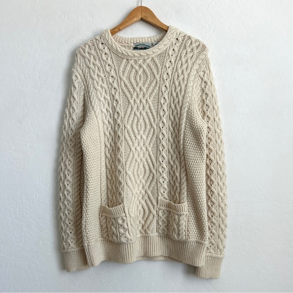 Aran Crafts Sweater Women XL Chunky Cable Knit Merino Wool Pockets Natural White - Picture 2 of 8